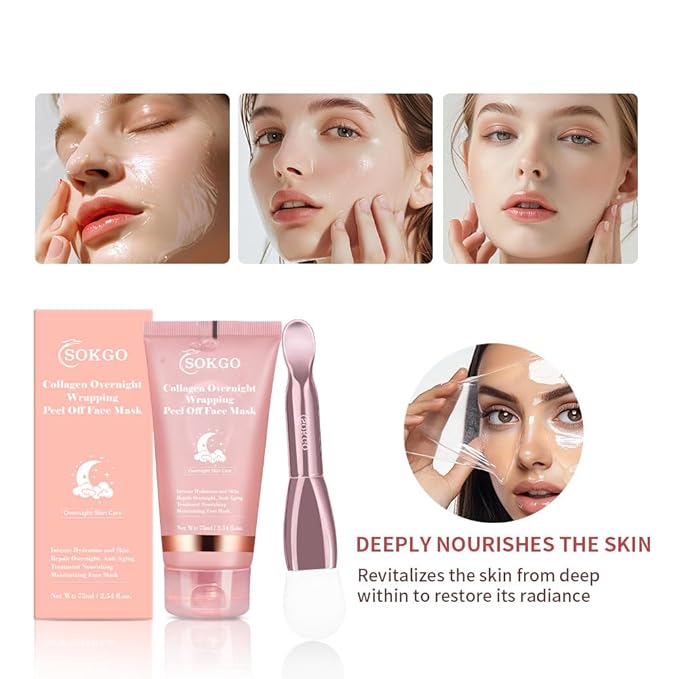 Sokgo Collagen Overnight Wrapping Mask, Intensive Hydration Anti Aging Overnight Skin Treatment, Boosts Elasticity and Firmness, Revitalizes Dull Skin Reduces Fine Lines and Wrinkles (2PCS)