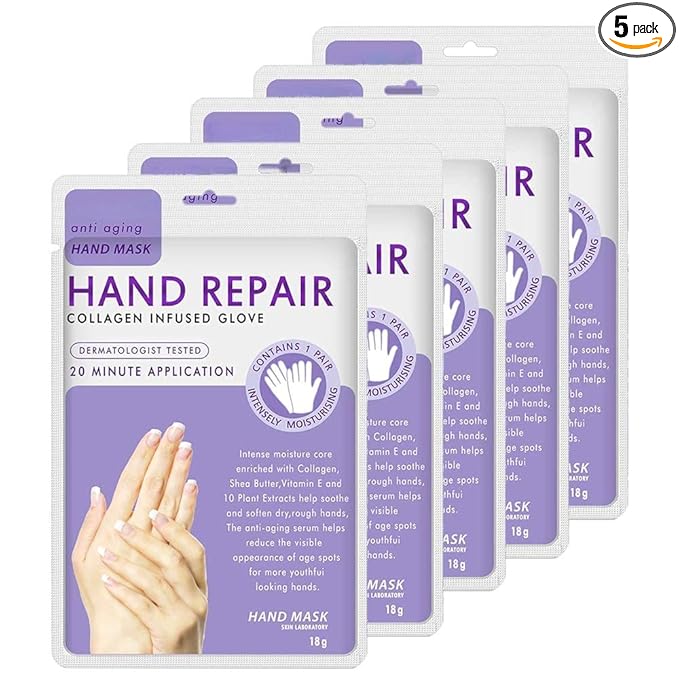 5 Pairs Hands Moisturizing Gloves, Hand Skin Repair Renew Mask Infused Collagen, Vitamins + Natural Plant Extracts for Dry, Aging, Cracked Hands (5 Pairs Hand mask)