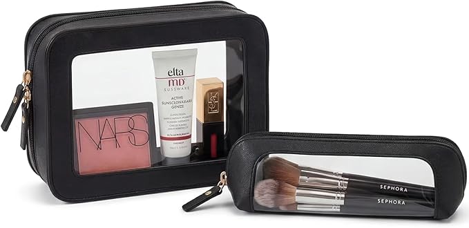 Clear Makeup Bag Set - Travel Toiletry Organizer for Women, Waterproof Cosmetic Pouch & Car Accessories for Women Men Travel Toiletry Bag Skincare Pouch with Golden Zipper (2Pack-Standard&Slim, Black)