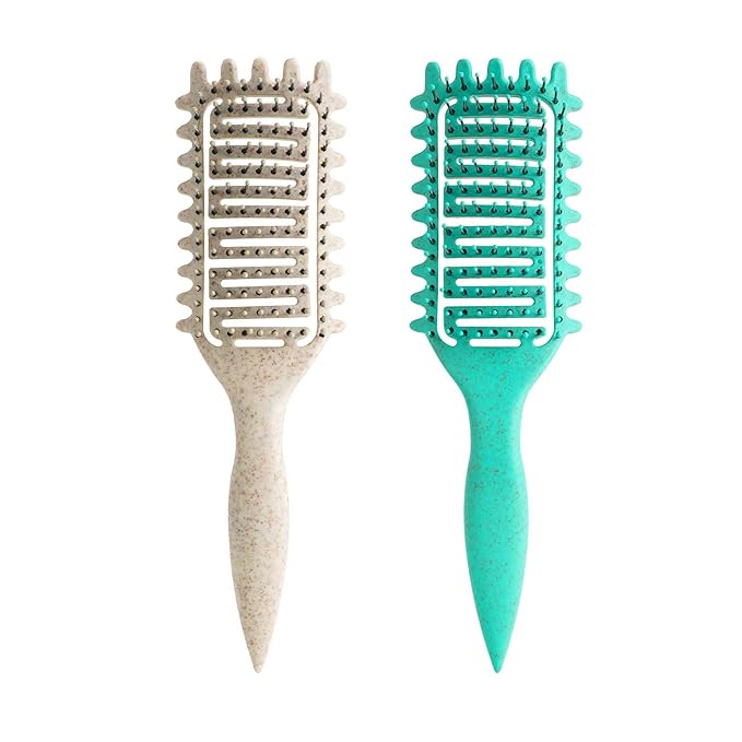 Curl Defining Brush for Curly Hair, Vented Detangling Hair Brush for Wet and Dry Styling, Curved Brush for Shaping and Smoothing Curl Clumps, Lightweight Hair Brush (Green Beige)
