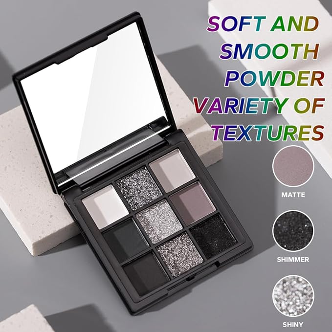 BAISEN DIARY 9 Color Smokey Eyeshadow Palette - Highly Pigmented Matte & Glitter Shades, Long-Lasting, Waterproof & Blendable, Black Silver Gray Eyeshadow Set for Sultry Glam (Reversal Star Smokey)