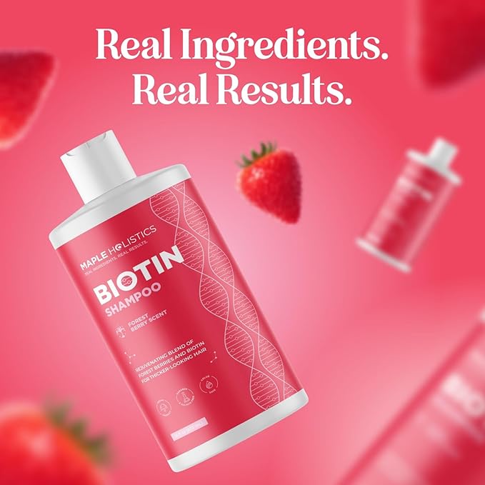 Fruity Biotin Shampoo for Thinning Hair - Volumizing Shampoo for Fine Hair with B Vitamins Rosemary Pomegranate & Strawberry Oils - Paraben Silicone and Sulfate Free Vegan Formula (16 Fl Oz)