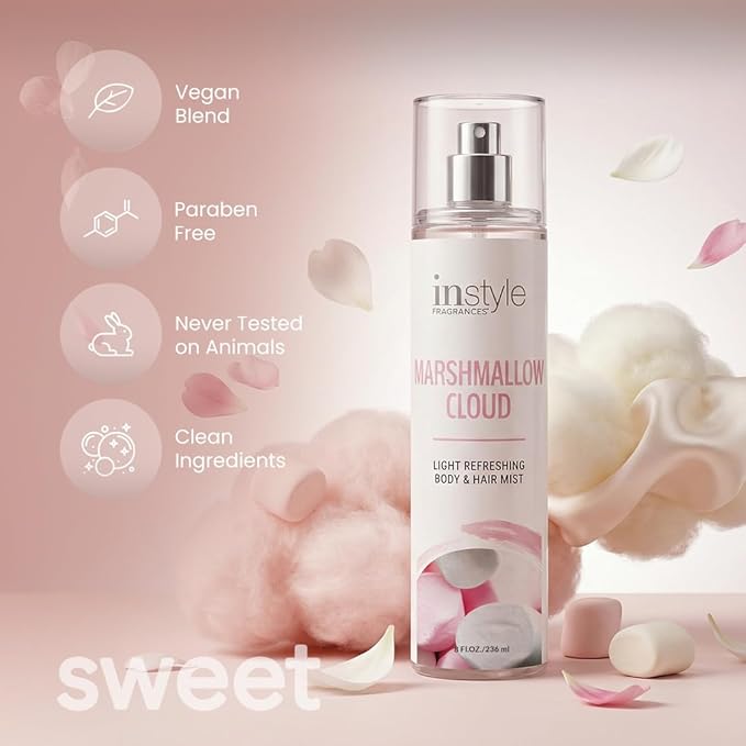 Instyle Fragrances | Body & Hair Mist | Marshmallow Cloud Scent | With Panthenol | CLEAN, Vegan, Paraben Free, Phthalate Free | Premium 8 Fl Oz Spray Bottle