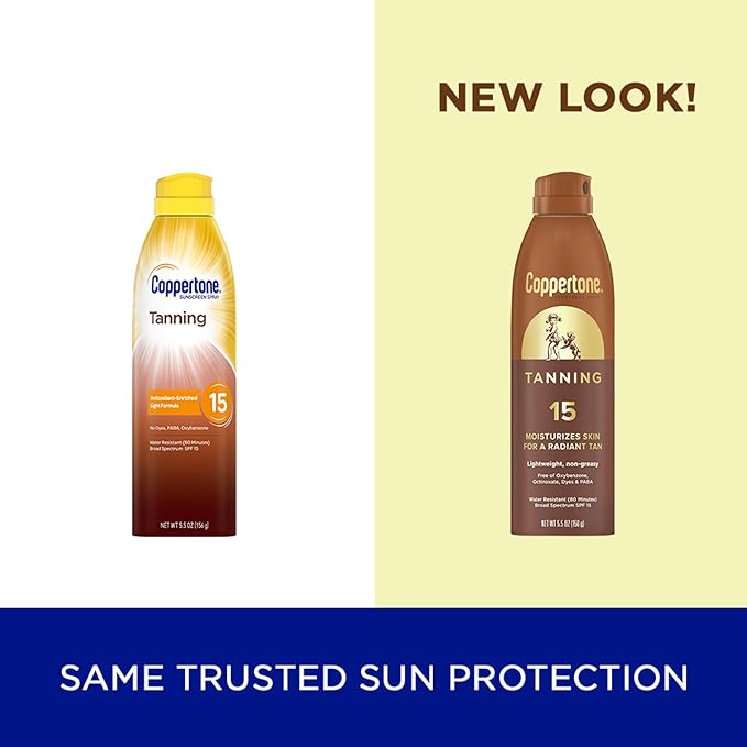 Coppertone Tanning Sunscreen Spray with Broad Spectrum SPF 15, Water Resistant Spray Sunscreen, Lightweight and Non-Greasy, 5.5 Oz