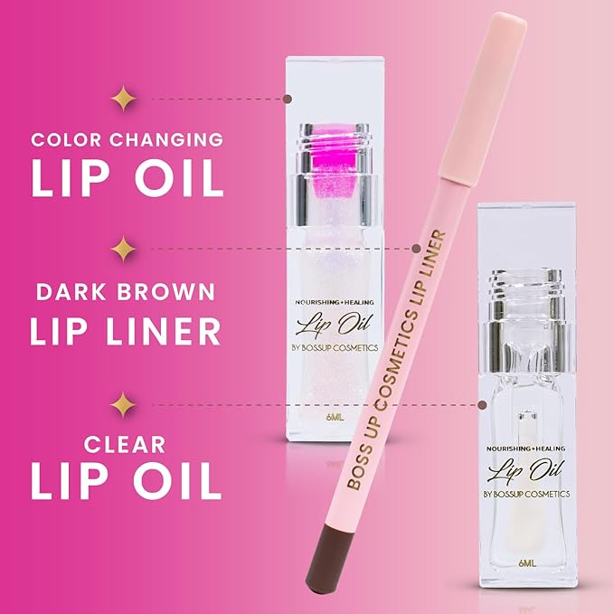 BossUp Cosmetics All-In-One Lip Kit | Dark Brown Lip Liner and Lip Oil Set with Clear and Color Changing Lip Oils | Complete Lip Makeup Kit for Women