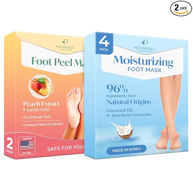 PLANTIFIQUE Foot Peeling Mask 2 Pack Peach and Korean Foot Mask with Shea Butter 4 Pairs box for Dry & Cracked Feet