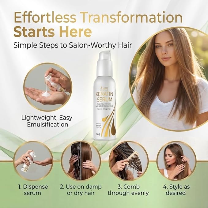 VITAMINS hair cosmetics Keratin Hair Serum with Biotin, Castor Oil & Collagen - Anti-Frizz Heat Protectant & Leave-In Shine Treatment for Dry, Damaged, Color-Treated Hair - 4.25 fl oz (125mL)