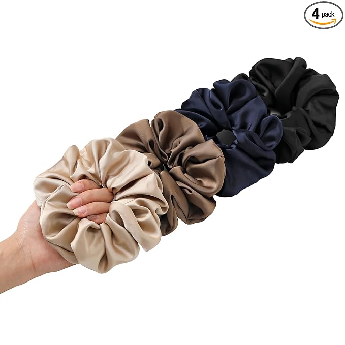 4PCS Large Satin Silk Scrunchies for Women - Big Glossy Scrunchie for Thick Hair Girl Hair Ties Ponytail Holders Jumbo Scrunchies (Black Navy-Blue Brown Champagne)