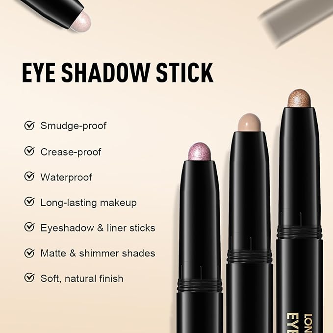 Cream Eyeshadow, Silver Shimmer Glitter Eye Shadow Stick Waterproof Long Lasting Neutral Smoky Eyeshadow Pencil Highlighter Makeup High Pigmented Blendable Eyeliner Pen for Women