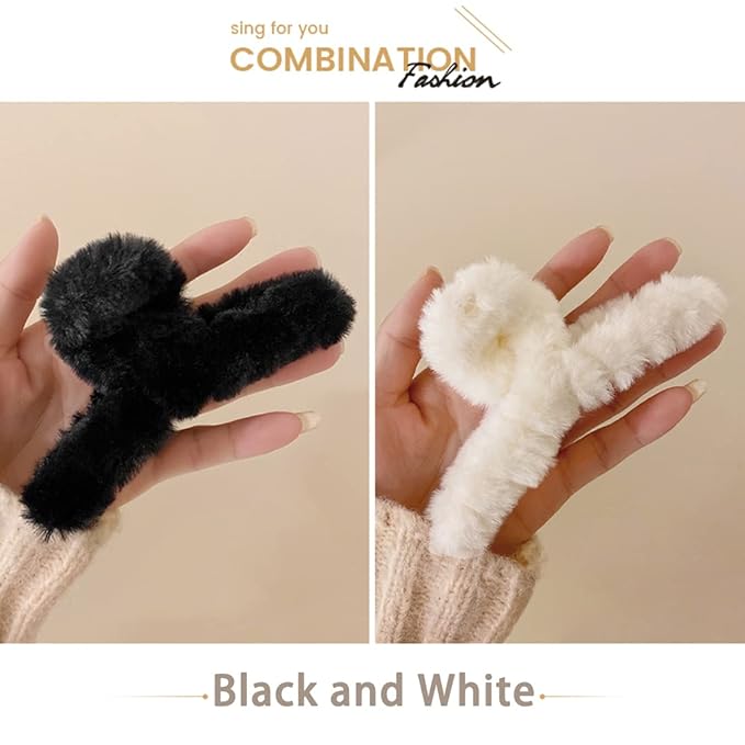 Sokfone 2pcs Fuzzy Claw Clip, Plush Hair Clamp for Thick Hair, Large Faux Fur Hair Clips, Cute Hair Clips for Thin Hair
