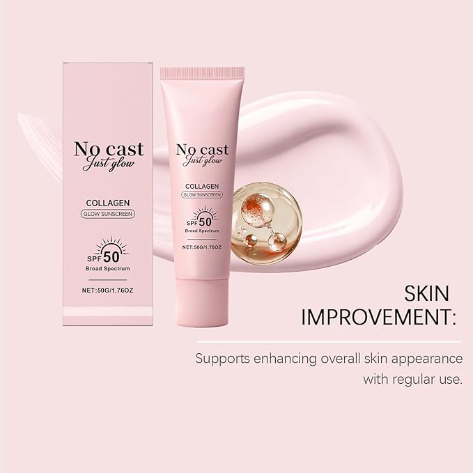 No Cast Just Glow Collagen Sunscreen, SPF 50 PA++++ Face Sunscreen with Peptide and Centella, Lightweight, Non-Sticky, Soothing Natural Sun screen Skincare