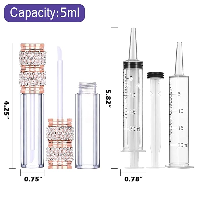 AMORIX 24 Pack Pearl Diamond Lip Gloss Tubes with Wand 5ml Empty Containers + 2pcs Syringes for DIY Lip Balm