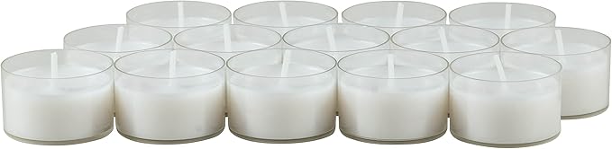 Stonebriar 48 Count White Unscented Smokeless Long Burning Clear Cup Tea Light Candles with 6 to 7 Hour Burn Time