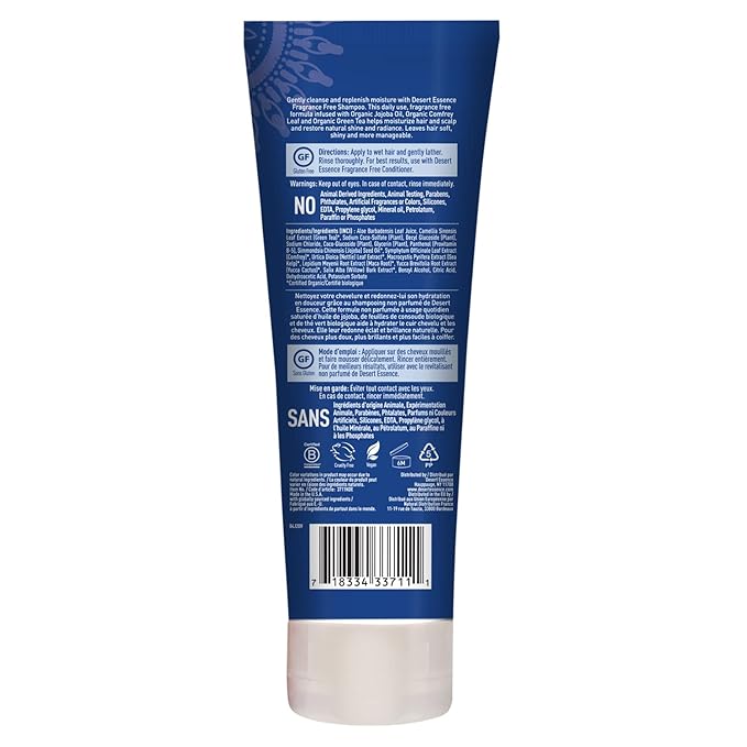 Desert Essence Fragrance Free Shampoo - Pure - 8 Fl Ounce - Pack of 3 - Unscented - Gloss & Shine - Strengthens Hair - Soft & Revitalized - Green Tea - Vitamins & Minerals - Jojoba Oil