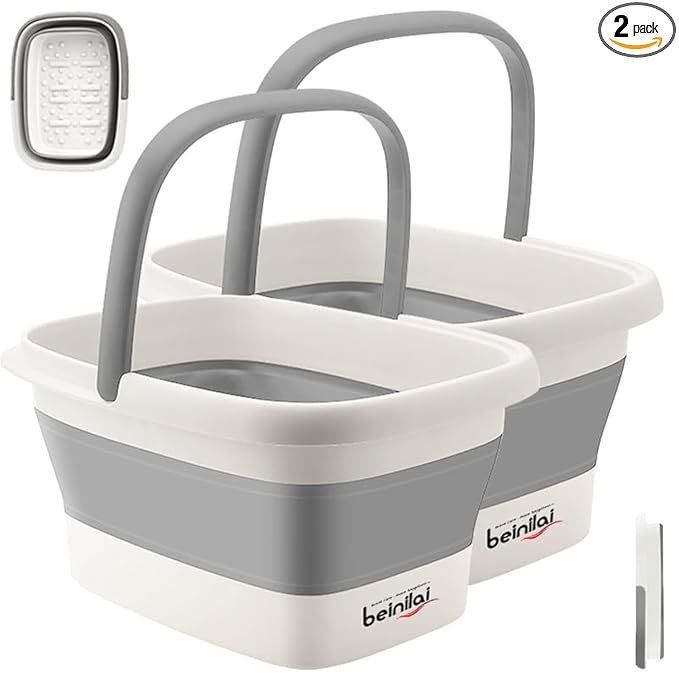 Collapsible Foot Bath Basin for Soaking Feet,Foot Soak Tub,Plastic Foot Bucket with Handles and Massage Acupoint,Foldable Laundry Basket-Gery (2 Pack)