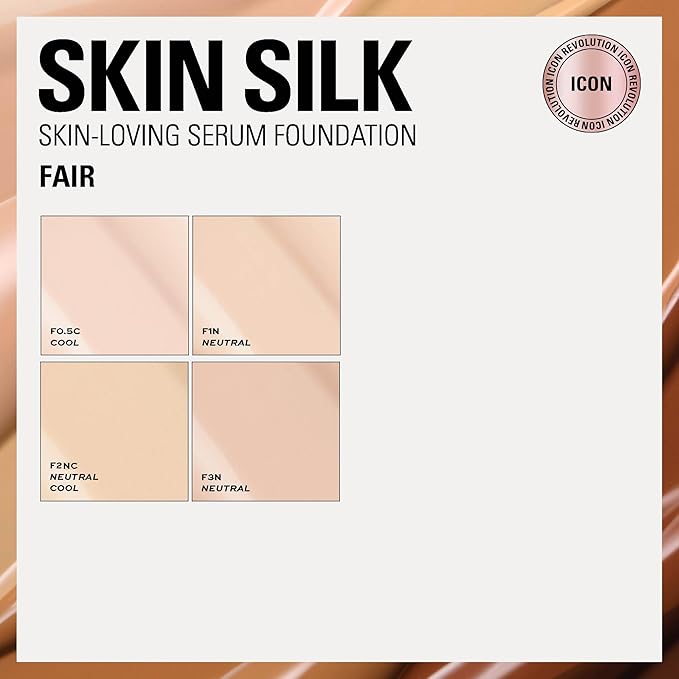 Revolution Skin Silk Radiant Satin Serum Foundation, Buildable Coverage with Hydrating Hyaluronic Acid for a Natural Finish, Vegan & Cruelty-Free, F2NC Fair Skin Tones, 0.77 fl oz