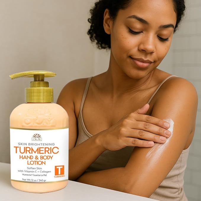 OKAY Turmeric Skin Brightening Body Lotion 12oz – Dark Spot Corrector with Vitamin C & Collagen, Hydrating Moisturizer for Even Skin Tone, Paraben Sulfate Free for All Skin Types