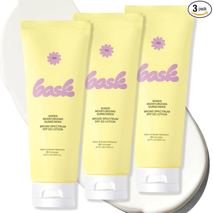 Bask SPF 50 Sheer Moisturizing Sunscreen Lotion - Broad Spectrum UVA/UVB Protection, Dermatologist Recommended, Hydrating, Lightweight & Non-Greasy, Travel Size (Value Pack of 3)