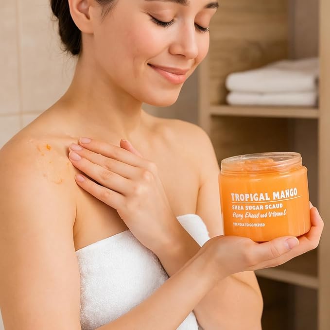 Exfoliating Shea Sugar Body Scrub with Tropical Mango Scent, 18 oz – Deep Cleansing & Moisturizing Natural Sugar Scrub for Smooth, Radiant Skin