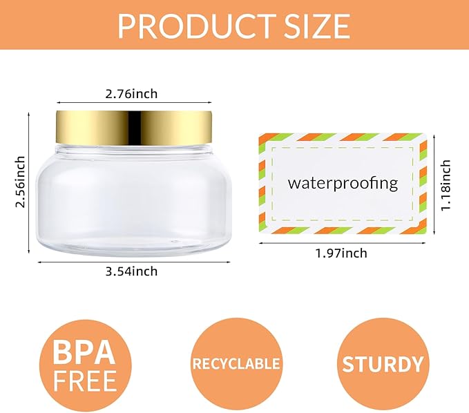 24 Pack 8 Oz Plastic Containers With Lids and Waterproof Label BPA Free - Refillable Transparent Cosmetic Containers for Body Butter,Sugar Scrubs,Cream,Lotions,Candy,Bath Salt (Gold, 8 oz)