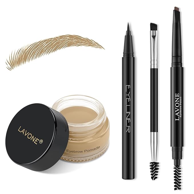 LAVONE Eyebrow Stamp Pencil Kit - Brow Stamp Trio with Waterproof Eyebrow Pencil, Eyeliner, Pomade, and Dual-ended Brush - Blonde