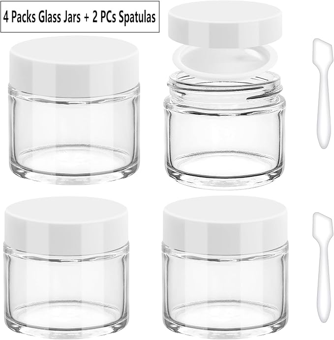 Accmor 2 OZ Glass Jars with White Lids, 4 Pack Round Glass Cosmetic Jars Sample Container with Inner Liners & Spatulas, Leak Proof Travel Toiletries Containers for Creams, Makeup, Lotion, Spice