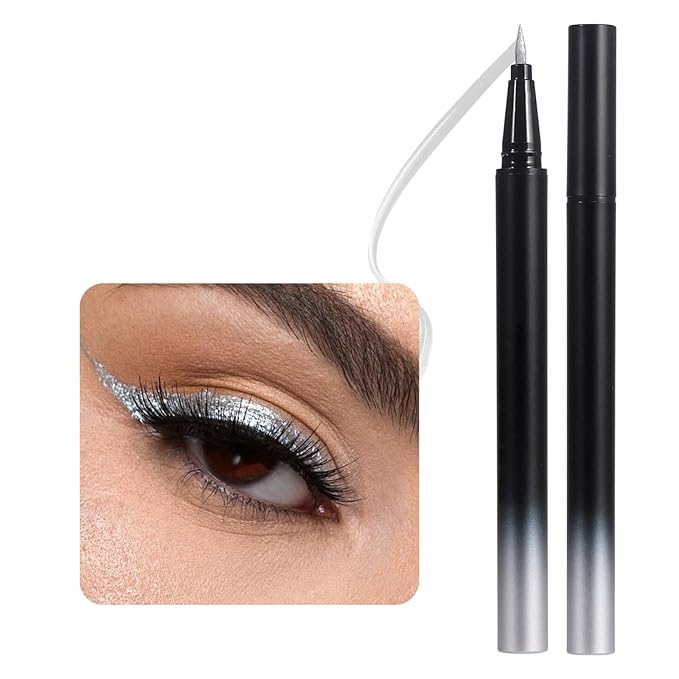 SAUBZEAN Metallic Liquid Eyeliner, Waterproof & Smudge-Proof Shimmer Eye Liner with Precision Brush, Long-Lasting Bold Color, Quick-Dry & Easy Removal, for Winged Makeup, Silver