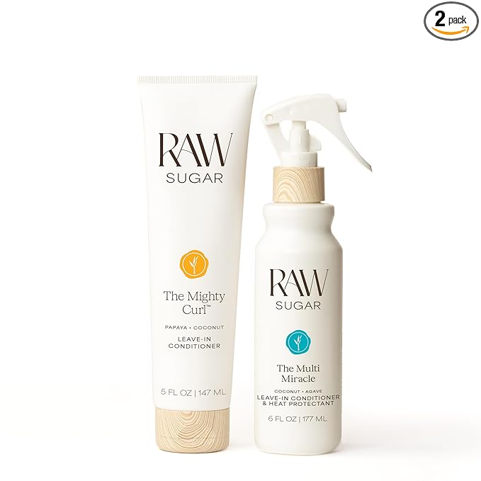 Raw Sugar Leave In Conditioner Duo, The Multi Miracle Hair Mist & The Mighty Curl Cream (2 Products) Heat Protectant, Hydration and Frizz Control for All Hair Types, A Conditioning Haircare Bundle