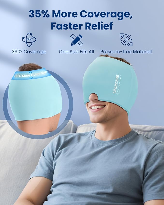 ONLYCARE Migraine Relief Cap, Upgraded Headache Relief Cap with Odorless Reusable Gel Head Wrap, Soothing Face Ice Pack Mask Products with Hot & Cold Therapy for Tension, Stress, Hangover & Puffy Eyes