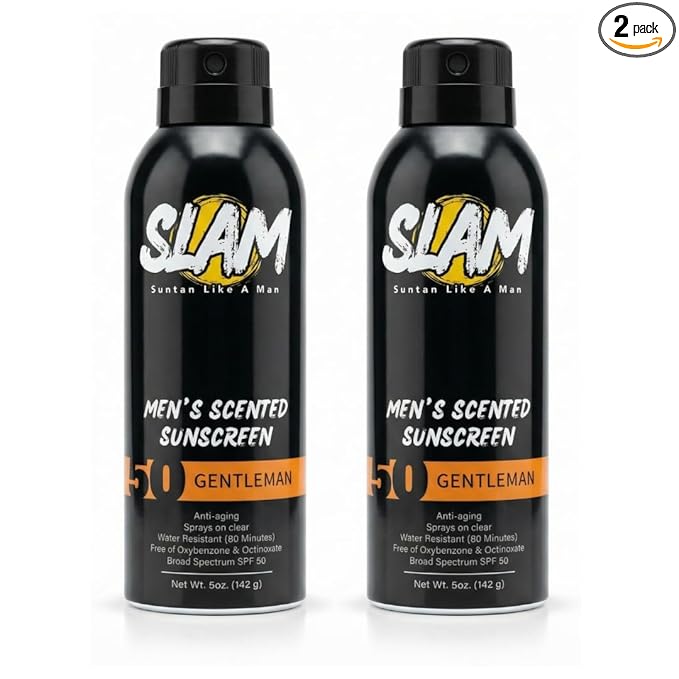SLAM Men’s Sunscreen SPF 50 Spray - Broad Spectrum UVA/UVB Protection - Non-Greasy & No Harsh Chemicals - GentleMan Bergamot Cedar Patchouli Cologne Scented - 2 Pack