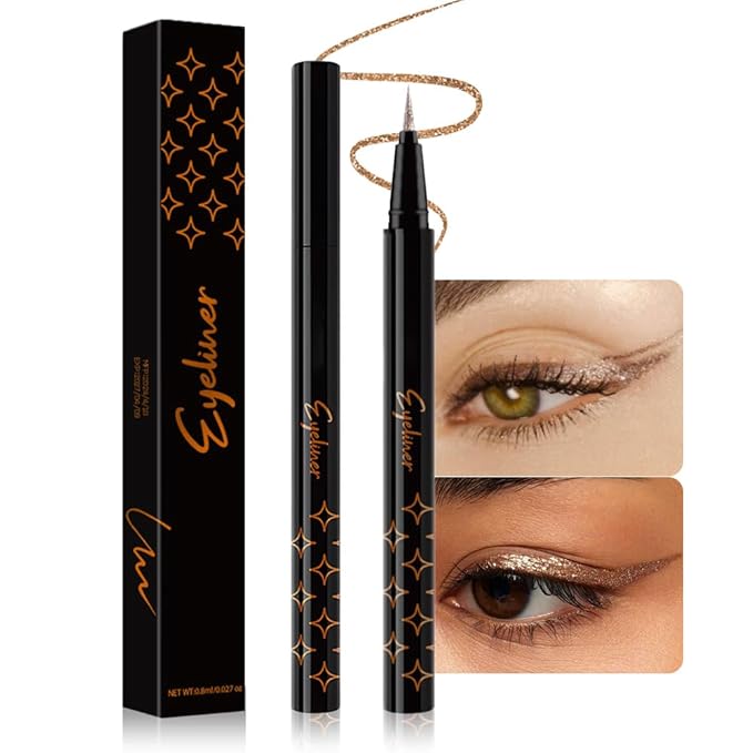 evpct 1Pcs Bronze Glitter Sparkling Liquid Eyeliner, Metallic Shimmer Light Silver Eyeliner Liquid Eye Liner Eyeshadow Pencil Face Body Glitter Makeup, Longwear Waterproof, Fake Eyelashes Mascara