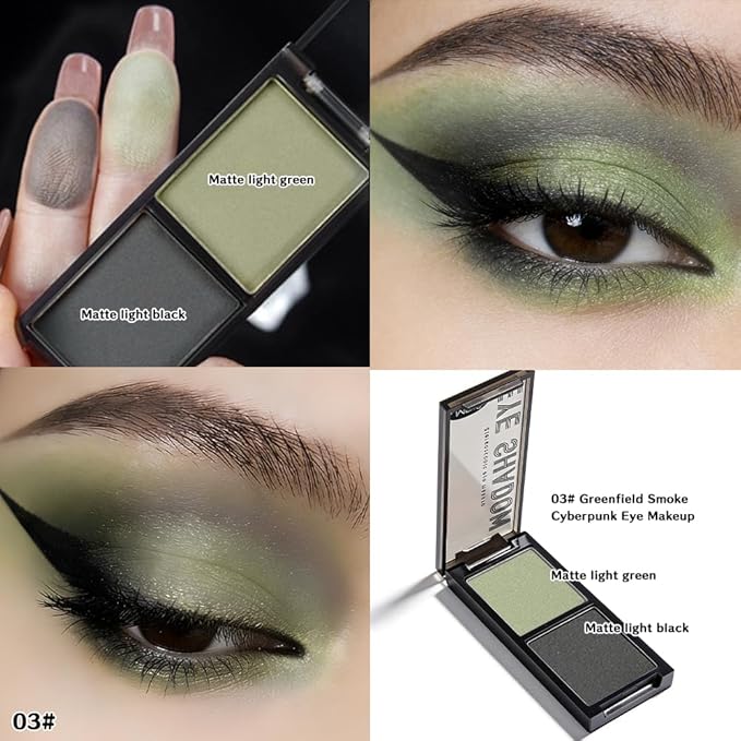 Olive Green & Charcoal Gray Matte Duo Eyeshadow Palette, 2 Color Green Smokey Eye Shadow, Smooth Blendable Long Lasting Mini Travel Eyeshadow Palette for Natural Glam Looks 3#