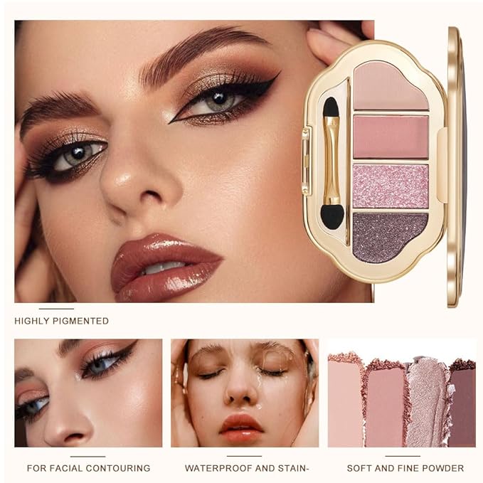 4 Colors Neutral Nude Eyeshadow Palette, Matte Shimmer & Glitter Shades, Pink Rose Plum Brown Warm Tones, Blendable Long-Lasting Eye Makeup for Mature Women, Blue & Green Eyes, Natural Daily Look 04
