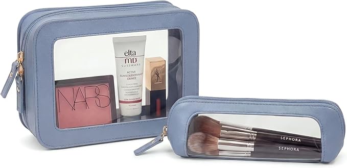 LETGO Clear Makeup Bag Set, Waterproof PU Leather Portable Makeup Bag Holder with Transparent Window, Travel Lipstick Case Pouch Car Organizer and Storage for Cosmetics (2Pack-Standard&Slim, Blue)