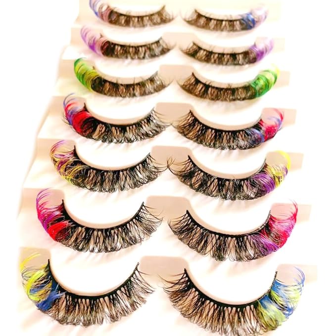Sunniess Ombre Colored Lashes Silk Protein Fluffy Wispy Volume Fake Lashes for Halloweens Cosplay Party Stage Russian D Curl Lashes with Color Make up Faux Mink False Eyelashes