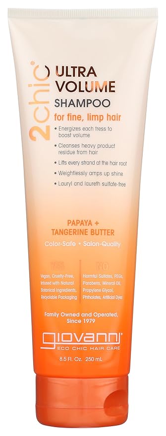 GIOVANNI 2chic Ultra-Volume Shampoo - Daily Volumizing Formula with Papaya & Tangerine Butter, Promotes Weightless Control for Fine Limp Thin Hair, No Parabens, Color Safe - 8.5 fl oz