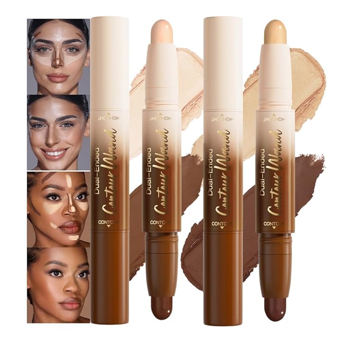 2Pcs Dual Ended Contour Stick Set, 22# + 24# Cream Concealer Highlighter, Waterproof No Transfer Long-Lasting 2-in-1 Face Contour Bronzer Sticks for Daily Makeup