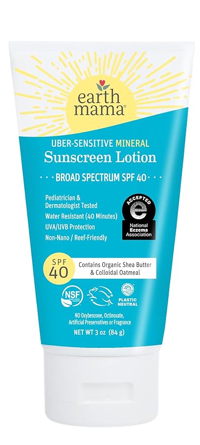 Earth Mama Uber Sensitive Mineral Sunscreen Lotion SPF 40-3 oz - Non-Nano Zinc - Broad Spectrum Sunscreen for Sensitive Skin - Water Resistant Sun Protection for Babies, Kids & Adults