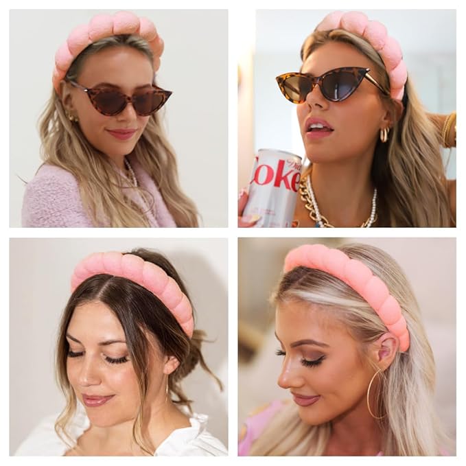 AOENJIE Spa Headbands for Washing Face or Makeup, Sponge Bubble Skincare Headbands, Puffy Terry Cloth Hairband for Women, Skin Care Makeup Headwear Hair Accessories for Girls(Orange Pink)