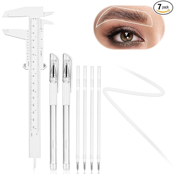 Eyebrow Microblading Marker Pen, 2 Pcs Brow Mapping Pens with with 4 Replacement Refills and 1 Ruler, Makeup Tattoo Skin Marker Pen, Brow Lamination Supplies for Eyebrow Lip Skin(White)