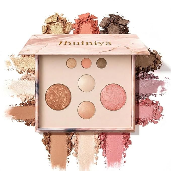 9 Colors Baked Makeup Palette, All in One Eyeshadow, Blush, Highlighter and Bronzer, Neutral Warm Tones, Natural Finish, Travel-Friendly Compact (Pink)