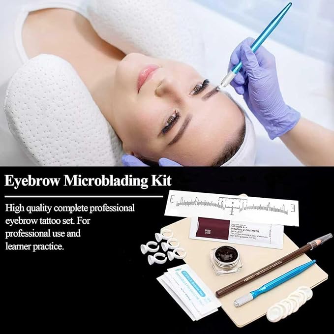 Eyebrow Microblading Kit, Permanent Tattoo Practice Set with Blades, Pigment, Practice Skin, Ruler, Repair Gel, Ring Cup, Finger Gloves, Pencil