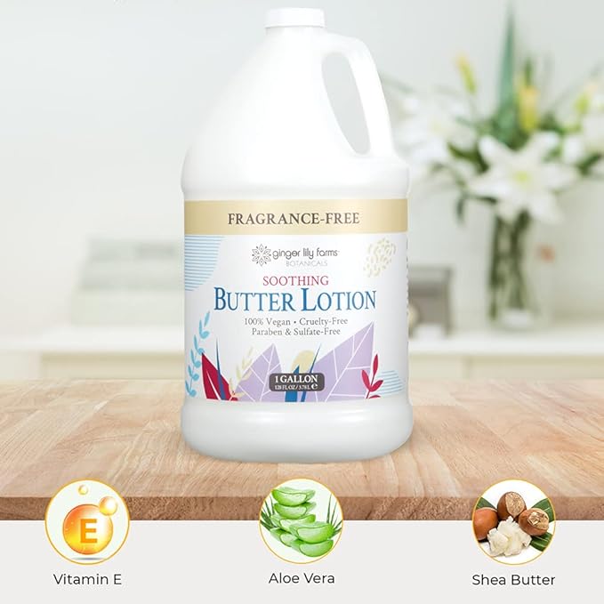 Ginger Lily Farms Botanicals Soothing Butter Lotion for Dry, Sensitive Skin, 100% Vegan & Cruelty-Free, Fragrance Free, 1 Gallon (128 fl oz) Refill (Pack of 4)
