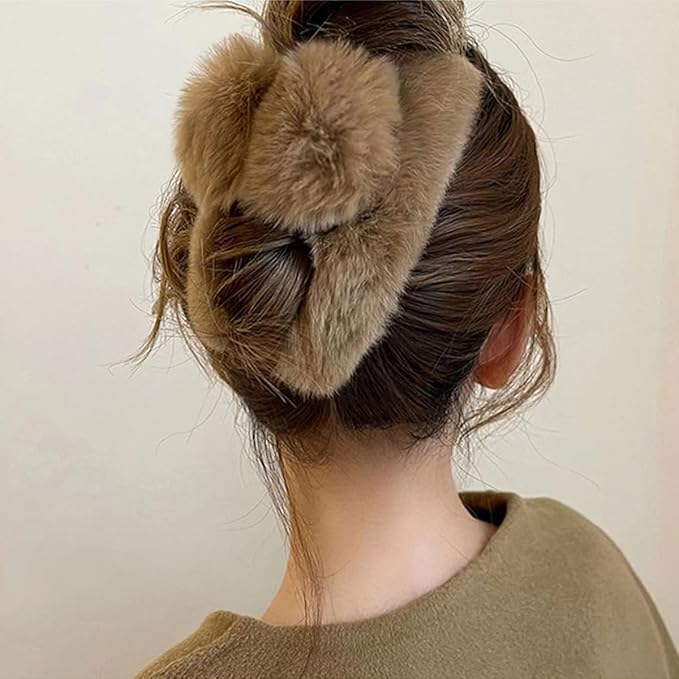 YOYLMAL Large Faux Fur Hair Claw Clip for Women, 5.1 Inches Winter Fluffy Fuzzy Hair Clips, Nonslip Strong Hold Furry Big Jaw Clamp for Thick Long Hair (Coffee)