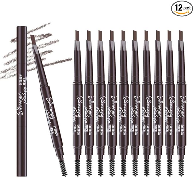 12pcs Dark Brown Waterproof Eyebrow Pencils for Women, Retractable Dual-End Eye Brow Pencil with Brush, Triangular Tip Design, Easier to Define and Fill in Eyebrows for Natural Brow Shape