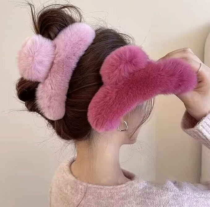 YOYLMAL Large Faux Fur Hair Claw Clip for Women, 5.1 Inches Winter Fluffy Fuzzy Hair Clips, Nonslip Strong Hold Furry Big Jaw Clamp for Thick Long Hair (Rose Red)