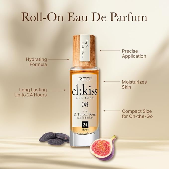 EL:KISS Roll On Perfume, Fig & Tonkin Bean Eau de Parfum 12mL (.40 Fl Oz), Hydrating & Long-Lasting, Alcohol-Free & Mineral Oil-Free, Infused with Jojoba, Argan & Coconut Oil
