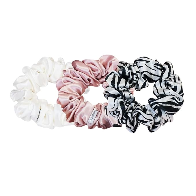 MTSNOO Silk Scrunchies for Sleep, 100% Pure 22 Momme Mulberry Silk Scrunchies for Curly Hair with Elastic Band, 3 Pack, Pink White Zebra