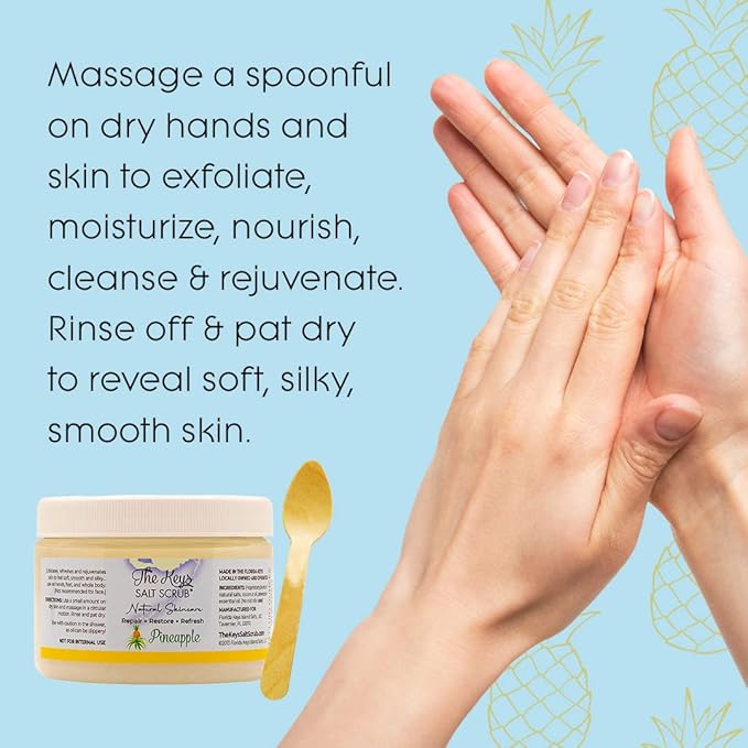 The Keys Salt Scrub -Sea Salt Scrub - Exfoliating Body Scrub with Wooden Spoon - Moisturizing Exfoliator for Hands, Foot, Bath, (12 Ounce (Pack of 3), Pineapple)