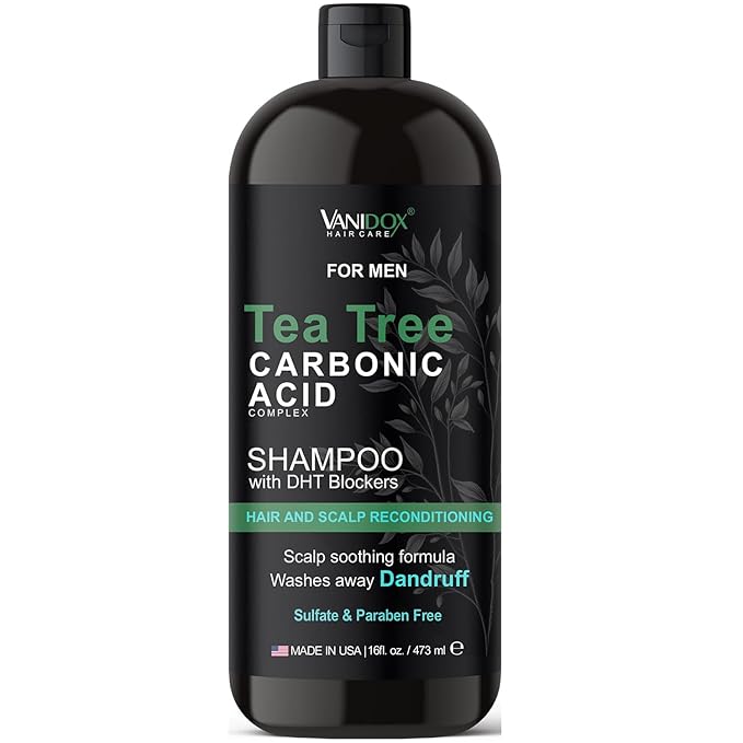 Vanidox Tea Tree Shampoo with Organic Tea Tree Oil and Carbonic Acid - For Men's Itchy and Dry Scalp, Fights Hair Loss, Stimulates Growth - With DHT Blockers (16 FL Oz)
